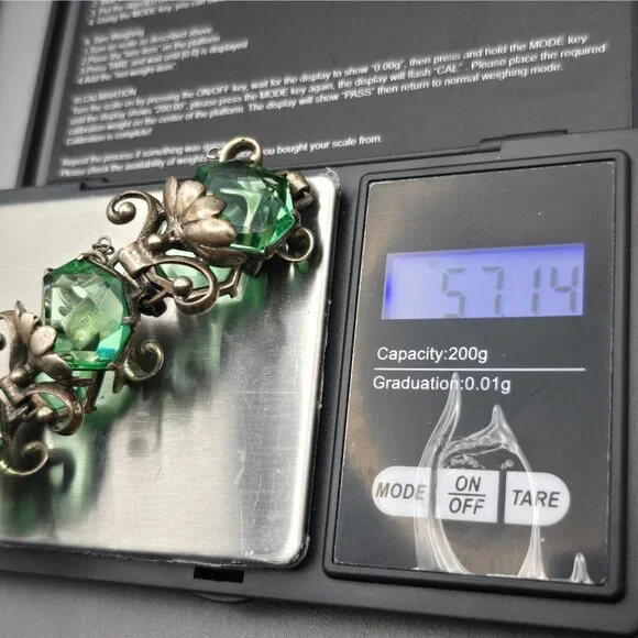 Art Nouveau Sterling Silver Demi-Parure Green Glass Floral Bracelet Earrings - Picture 15 of 16